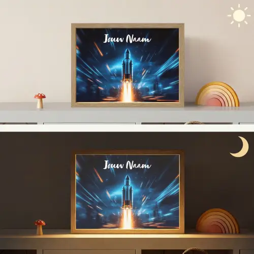 Raket - Ruimte - Blauw - Licht Light Box met batterij (Wandlamp kind) middel -sfeer3_kind