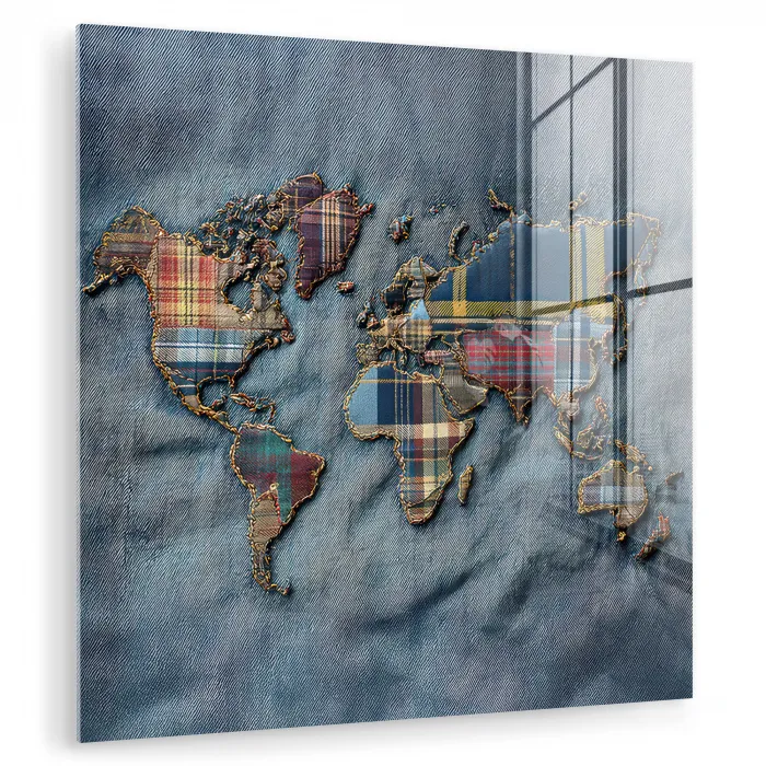Wereldkaart - Denim - Textiel plexiglas 5mm klein -zzzproduct_nieuw