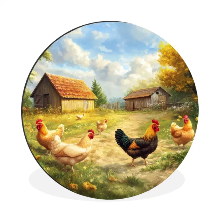 Kippen - Landelijke rust - Natuur Wandcirkel aluminium klein -3d