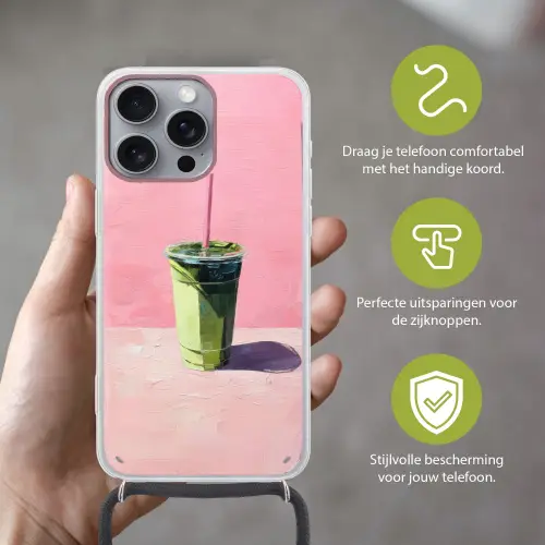 Beker - Rietje - Minimalistisch - Groen Hoesje iPhone 16 Pro Max met koord klein -sfeer2_NL