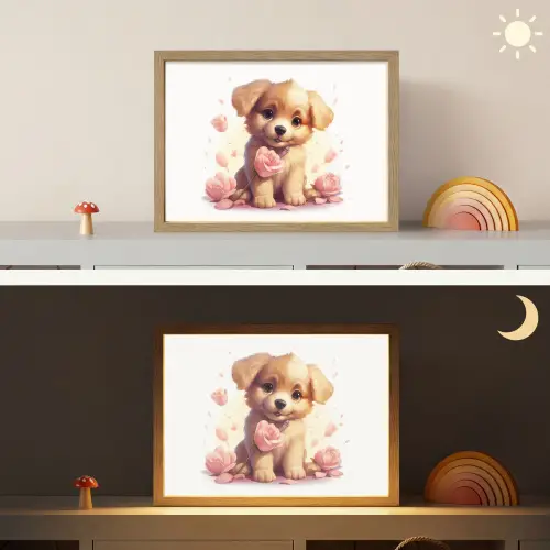 Hond - Bloemen - Roze - Meisjes - Kind Light Box met batterij (Wandlamp kind) middel -sfeer3_kind