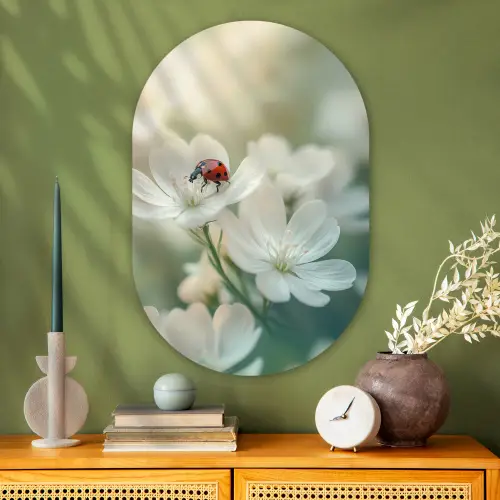 Lieveheersbeestje - Bloemen - Wit Wandcirkel Ovaal Glas middel -sfeer2