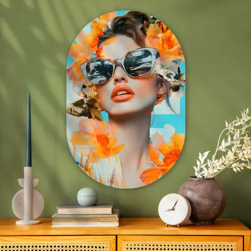 Bloemen - Vrouw - Zonnebril - Blauw Wandcirkel Ovaal Glas middel -sfeer2