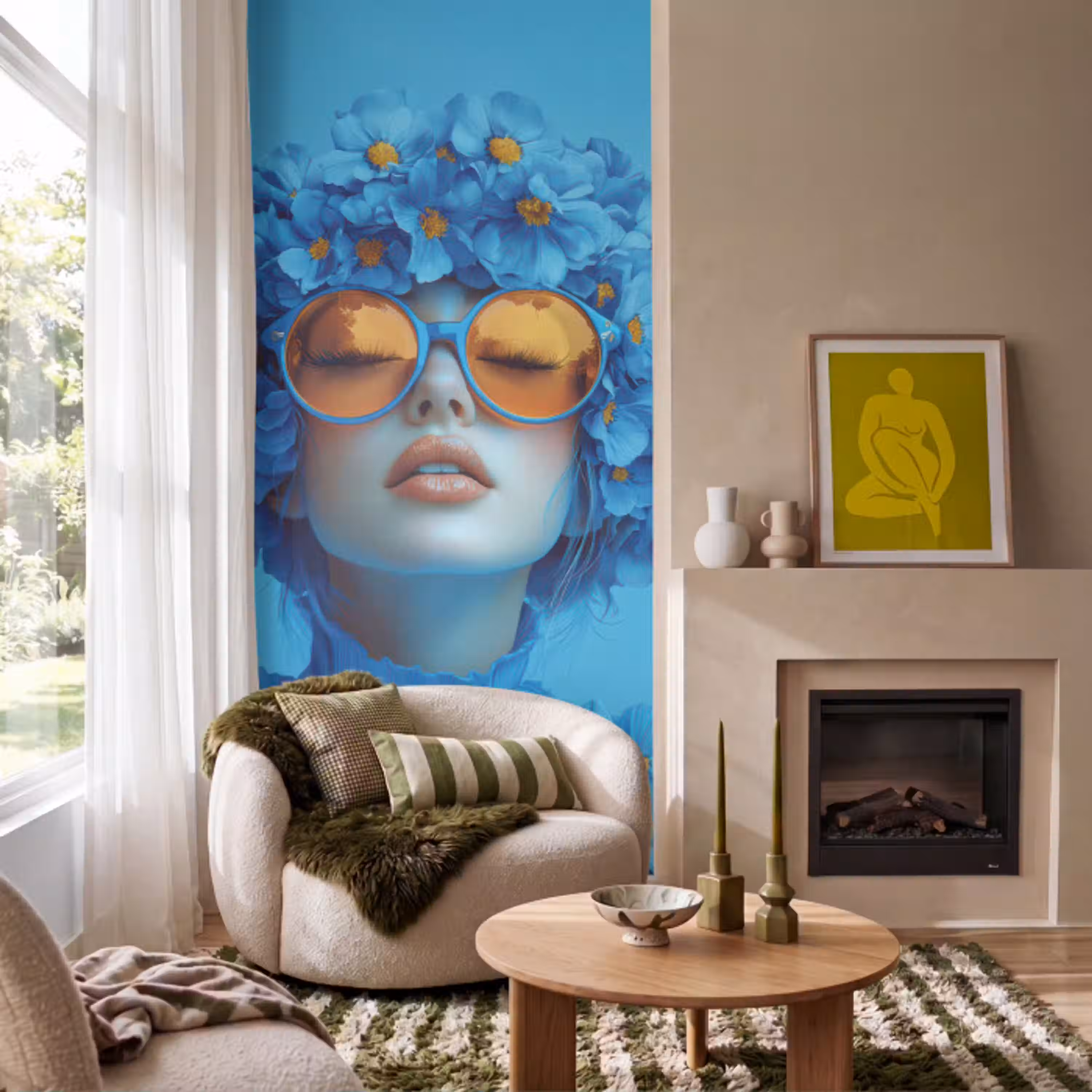 Vrouw - Bloem - Blauw - Modern - Bril - Portret Behang Vlies klein -sfeer2