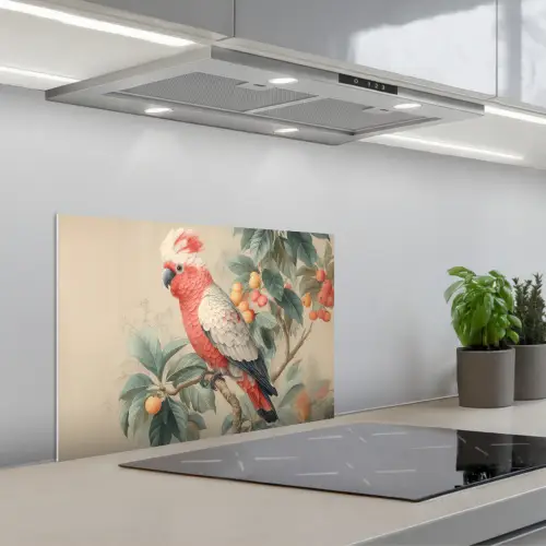Roze kuifkaketoe - Tak met vruchten - Bladeren keuken achterwand spatscherm klein -3d_schuin