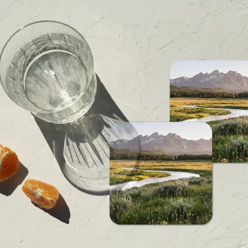 Berglandschap - Rivier - Bos onderzetter kurk middel -sfeer4
