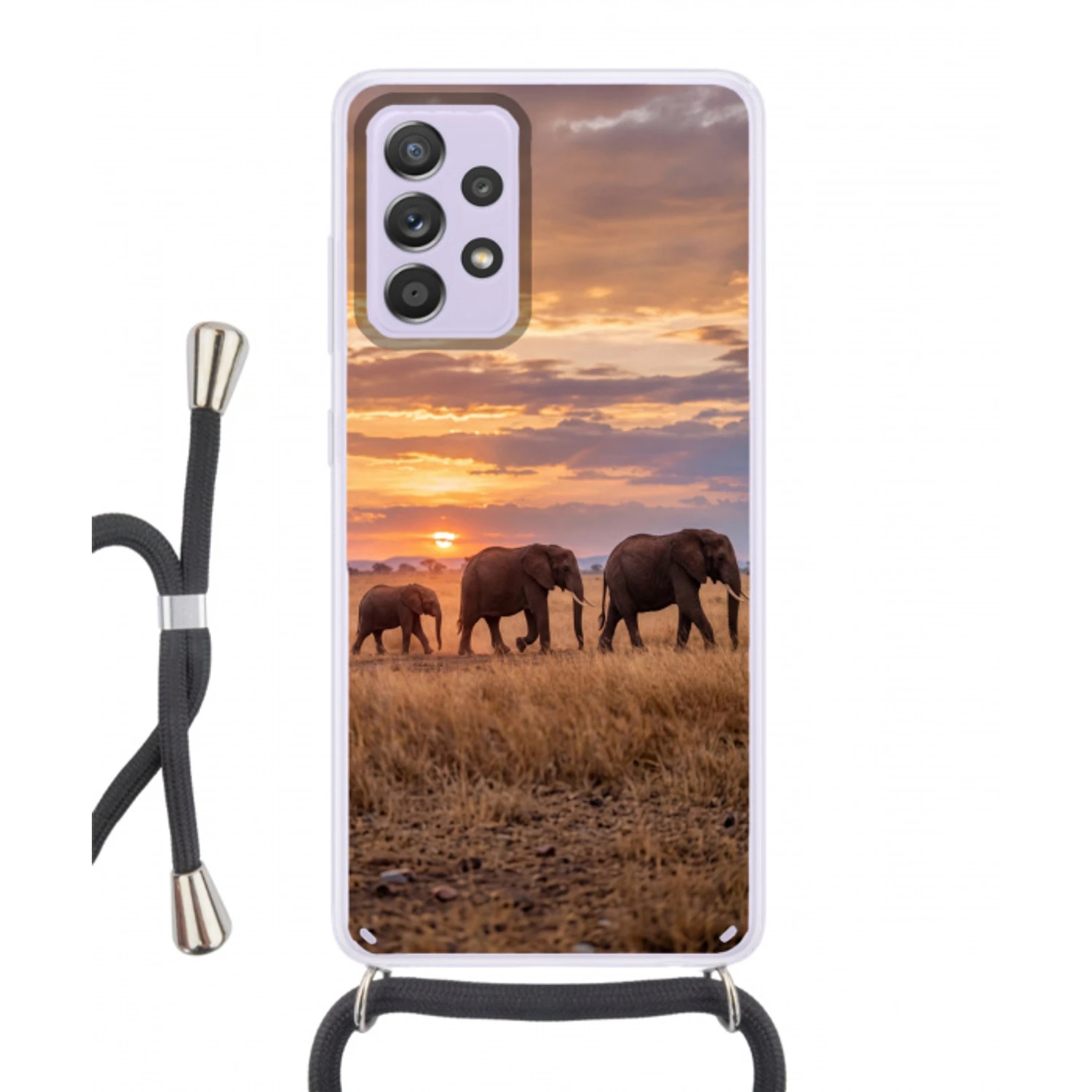 Olifanten - Savanne - Zonsondergang - Afrika - Warm Hoesje Samsung Galaxy A52 5G met koord klein -3d