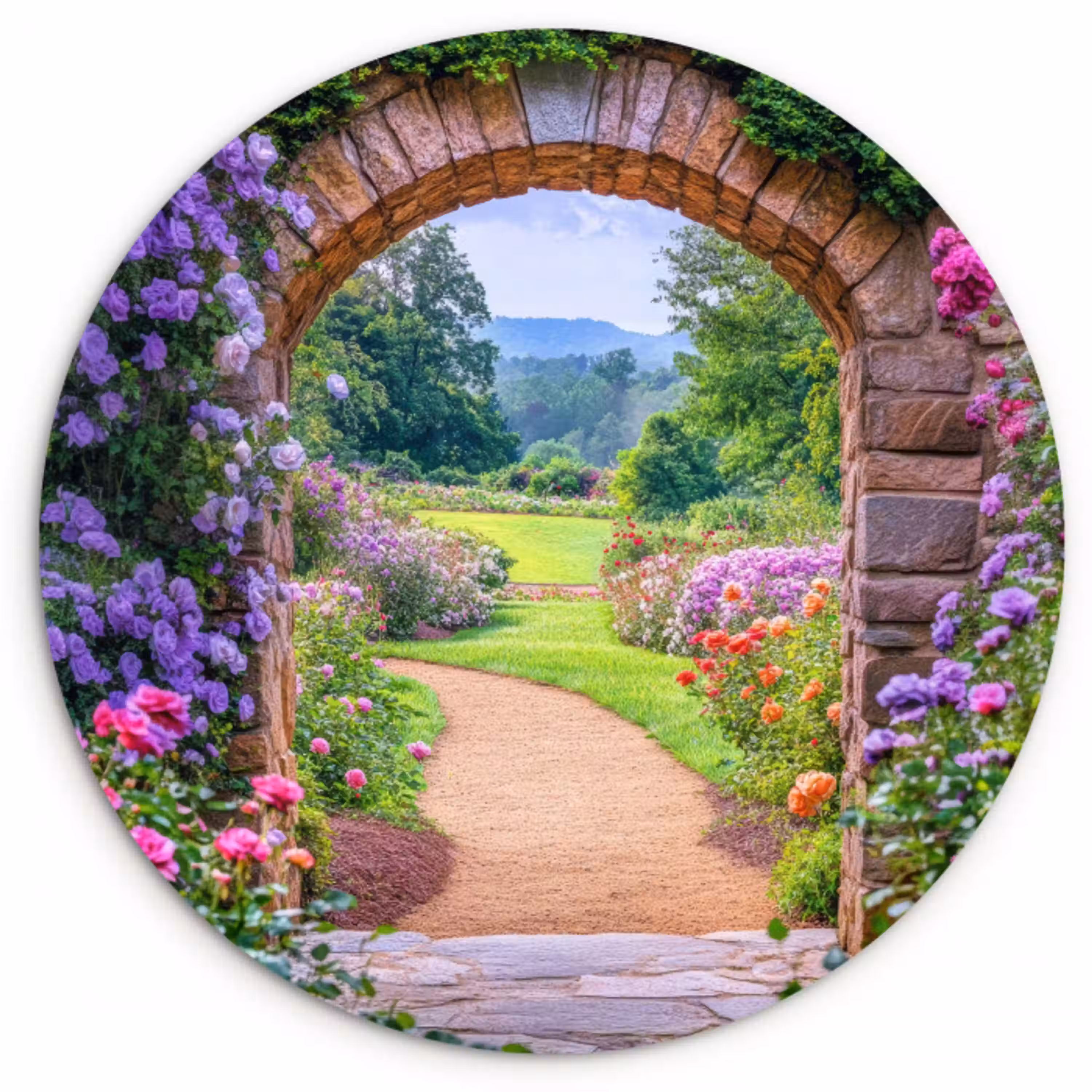 Doorkijk - Poort - Bloemen - Tuin Wandcirkel plexiglas klein -3d