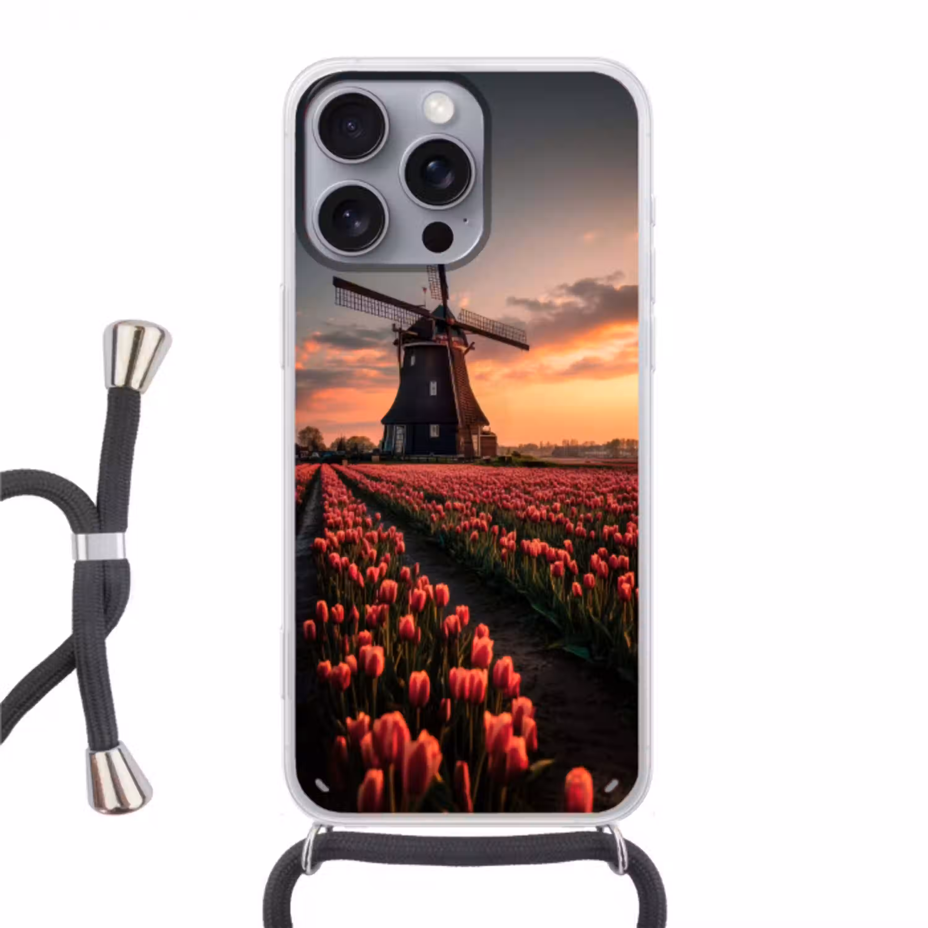 Molen - Zonsondergang - Tulpen - Rood Hoesje iPhone 16 Pro Max met koord klein -3d
