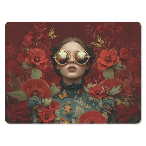 Bloemen - Dieprood - Zonnebril - Vrouw muismat rubber klein -3d