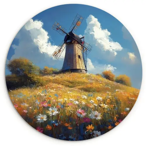 Windmolen - Heuvel - Bloemen - Kleurrijk Wandcirkel kunststof plaat 5mm dik klein -3d