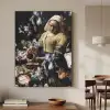 Melkmeisje - Johannes Vermeer - Bloemen - Blauw Textielframe zwart klein -sfeer2