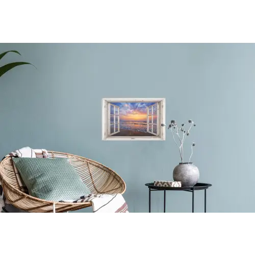 Doorkijk - Zee - Strand - Zonsondergang - Blauw Muursticker klein -plant