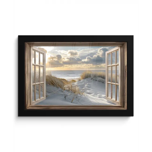 Doorkijk - Strand - Duinen - Zee - Natuur fotolijst zwart zonder passe partout klein -3d