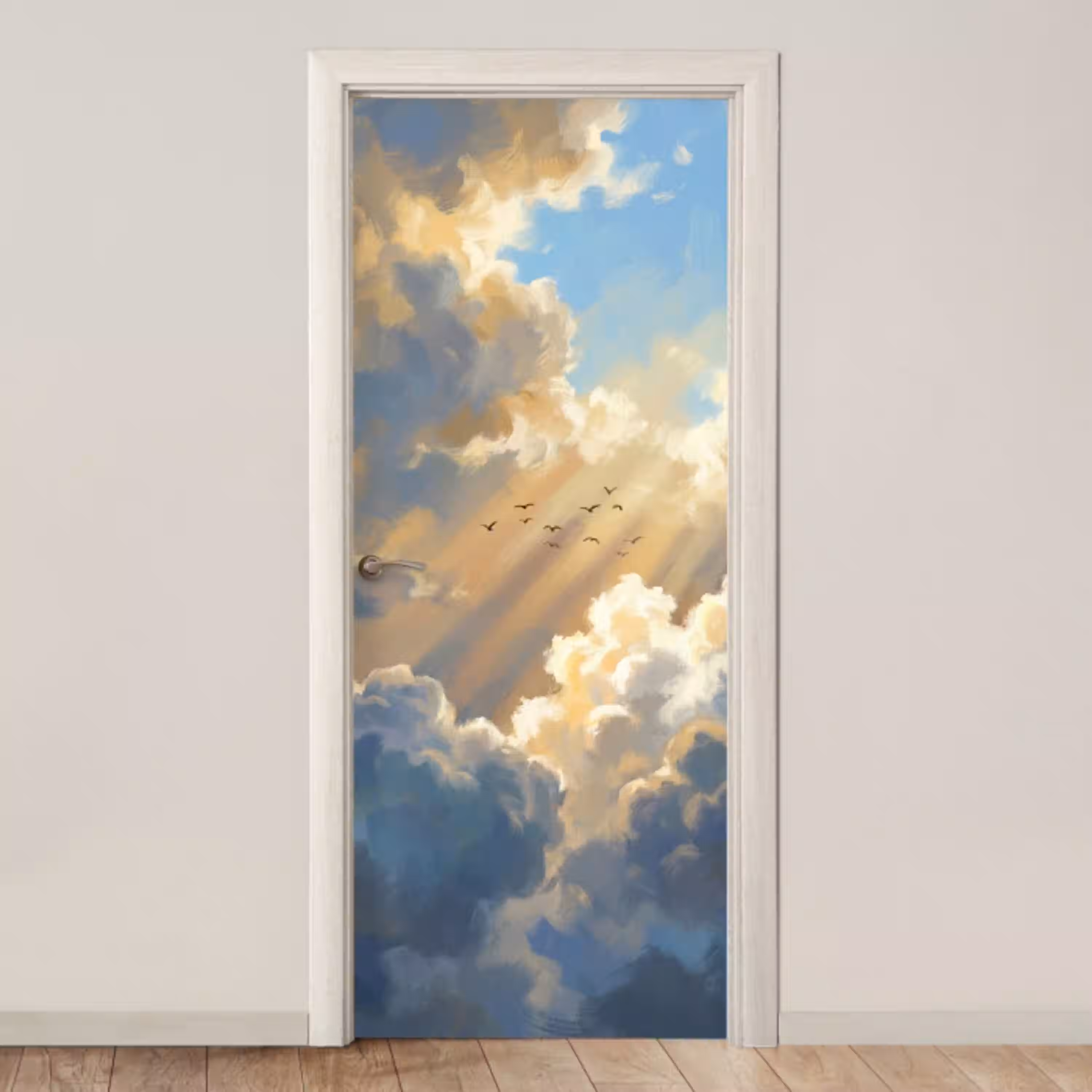 Wolken - Zonnestralen - Natuur - Abstract - Blauw deurposter klein -3d_beige
