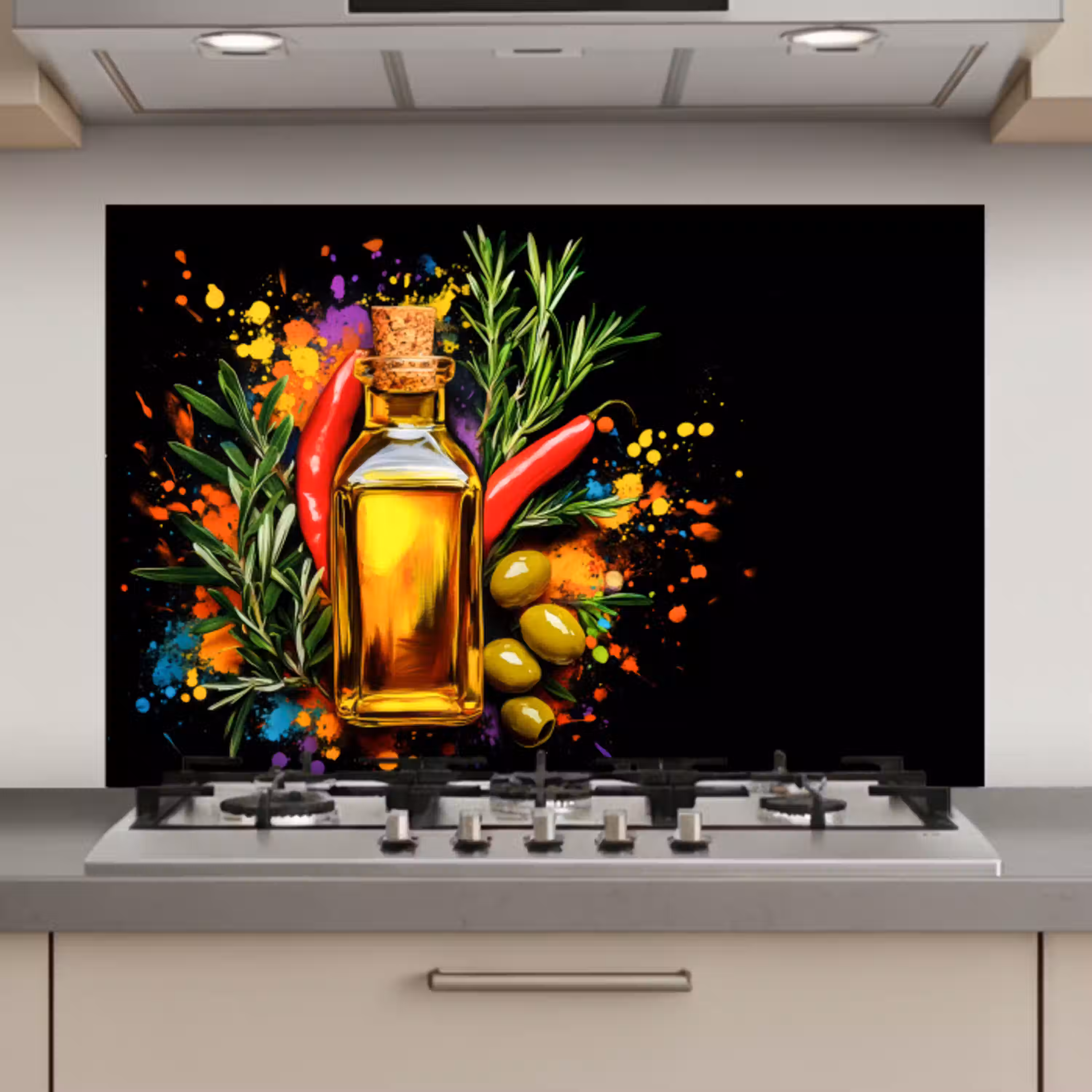 Olijfolie - Graffiti - Peper - Olijven - Modern keuken achterwand spatscherm klein -3d_website