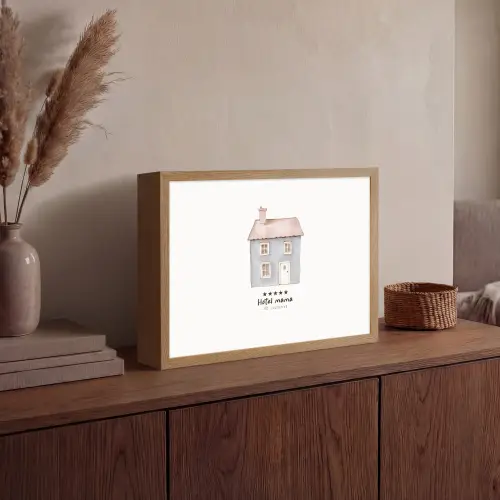Lichtblauw - Huisje - Mama - Tekst Light Box met batterij (Wandlamp) middel -sfeer2