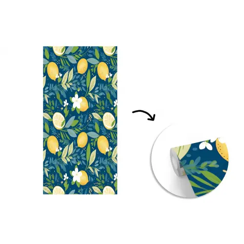 Bloemen - Bladeren - Citroenen - Blauw fotobehang vinyl groot 64 -3d