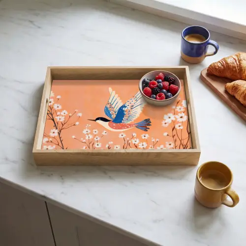 Vogel - Bloesemtakken - Warm - Kleurrijk Dienblad Rechthoek middel -sfeer2