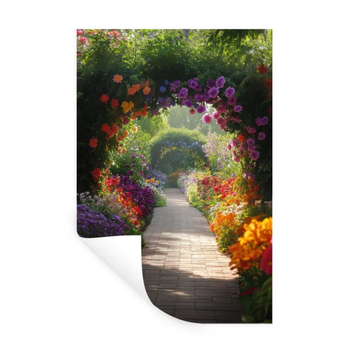 Doorkijk - Pad - Bloemen - Struik - Kleurrijk Muursticker klein -3d