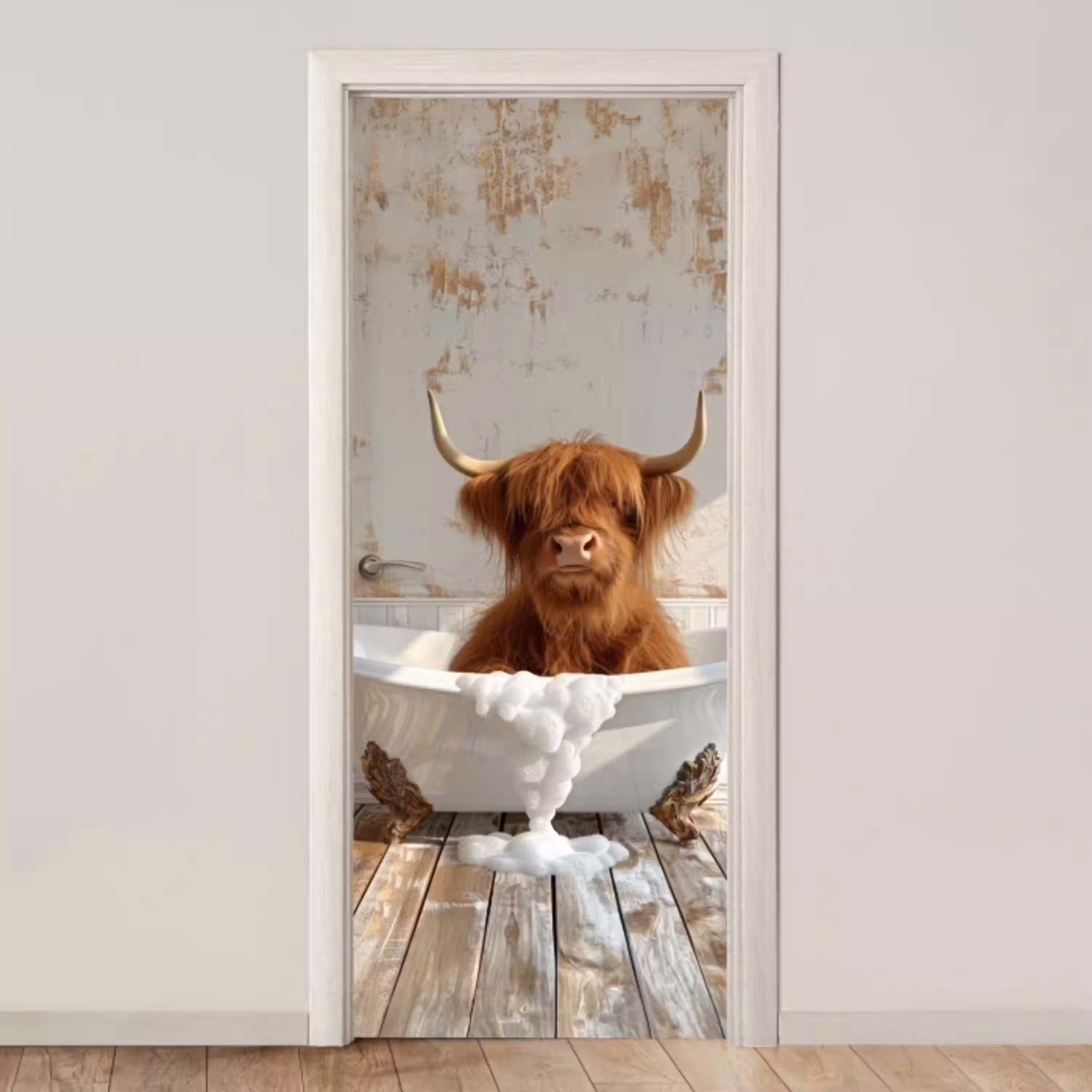 Schotse hooglander - Badkuip - Vintage - Koe deurposter klein -3d_beige