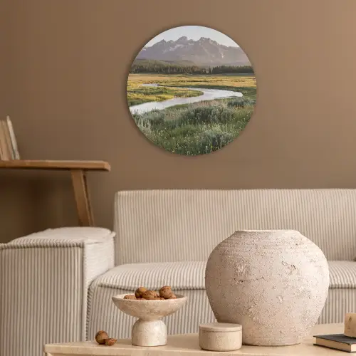 Berglandschap - Rivier - Bos Akoestische PET Vilt - Rond klein -sfeer1