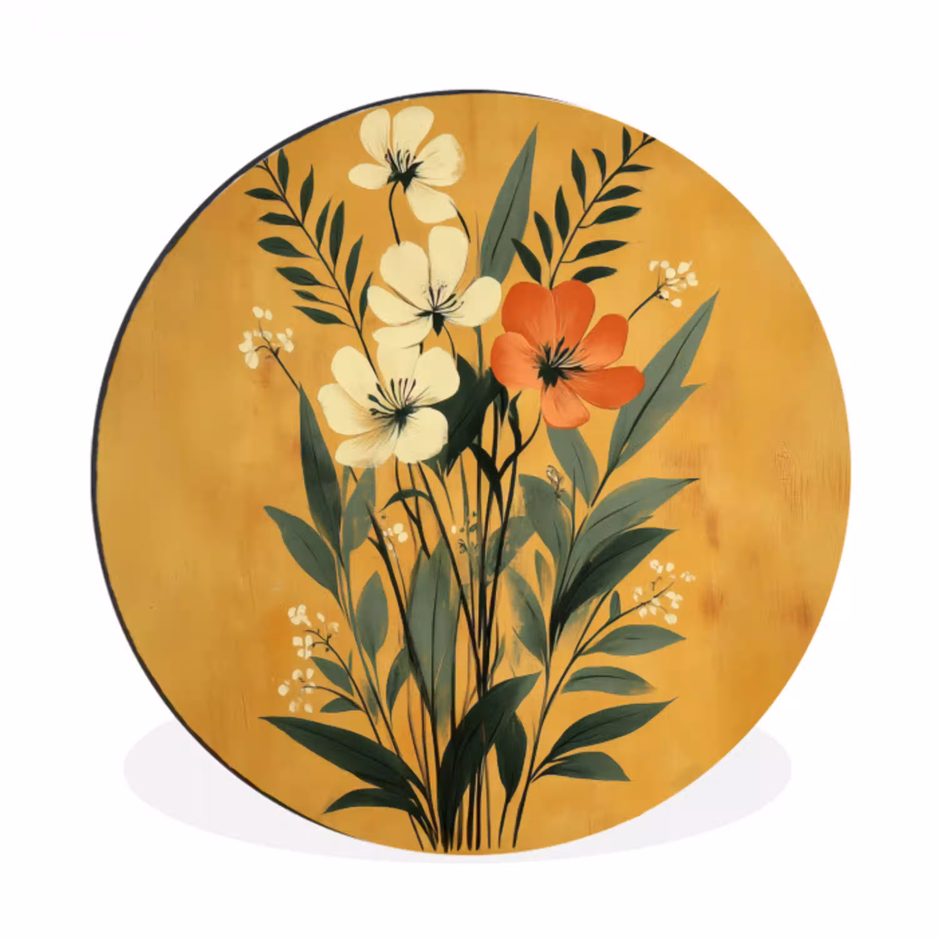 Bladeren - Boeket - Bloemen - Geel Wandcirkel aluminium klein -3d