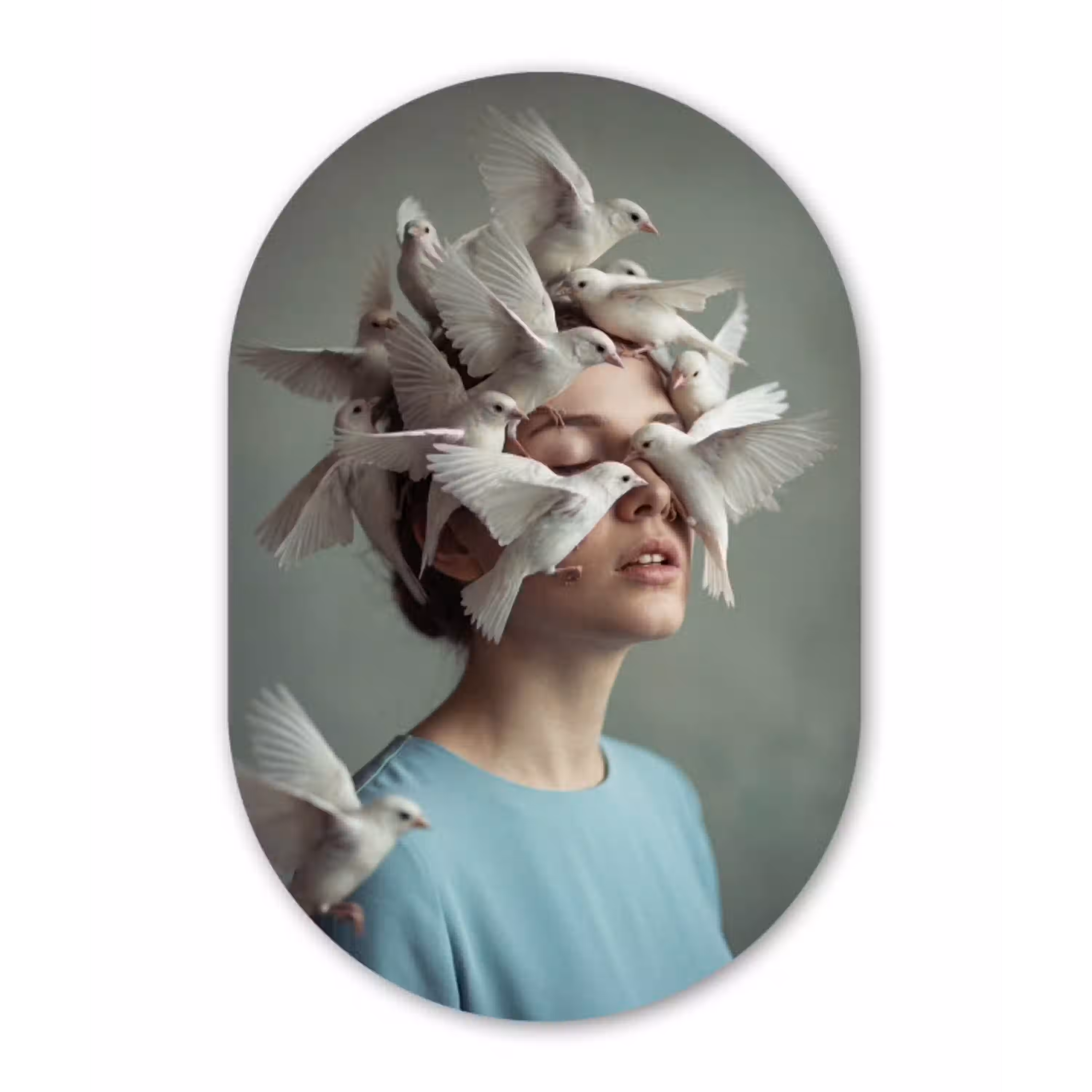 Vrouw - Vogels - Abstract - Modern - Wit Wandcirkel Ovaal Aluminium middel -3d