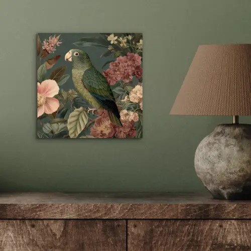 Groene papegaai - Kleurrijke bloemen - Donkere achtergrond aluminium wit klein -sfeer2