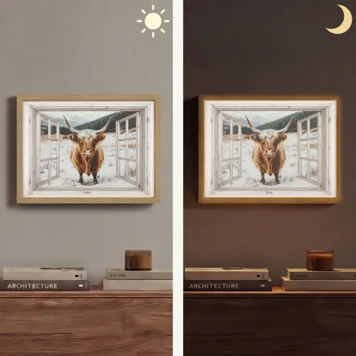 Schotse Hooglander - Winterlandschap - Landelijk - Bergen - Doorkijk Light Box met batterij (Wandlamp) middel -sfeer3