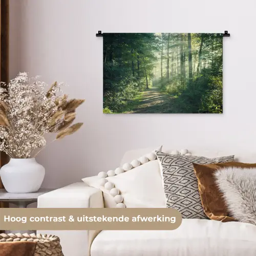 Bos - Pad - Zon - Bomen - Groen - Natuur Wandkleed katoen klein -sfeer1