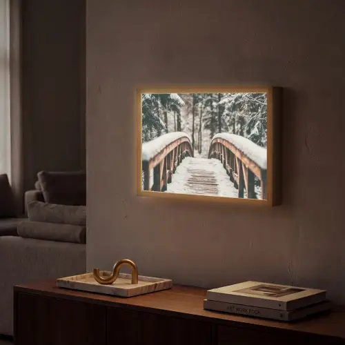 Brug - Winterlandschap - Bos - Natuur - Sneeuw Light Box met batterij (Wandlamp) middel -sfeer1