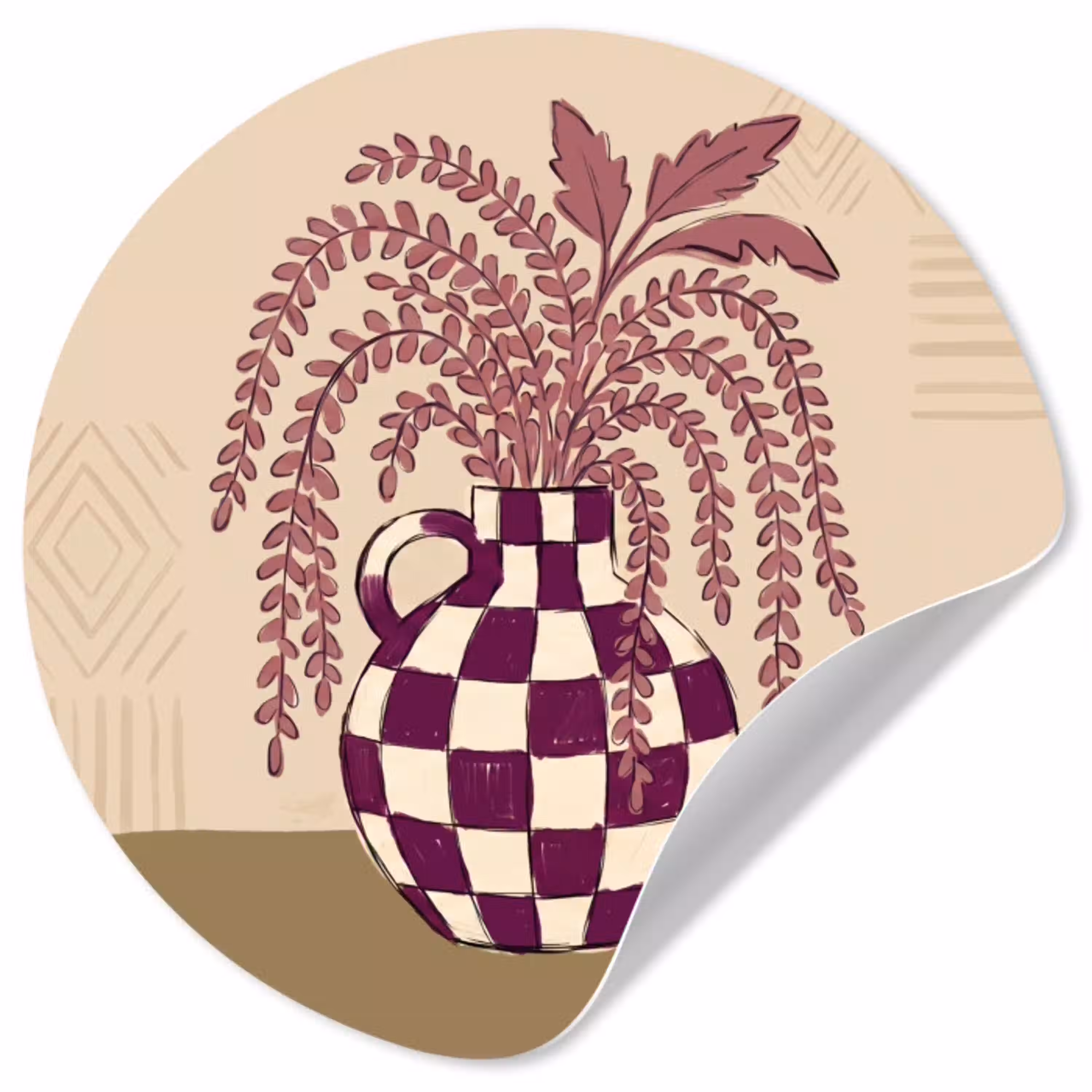 Vaas - Geruit - Planten - Modern - Paars Wandcirkel behangsticker klein -3d