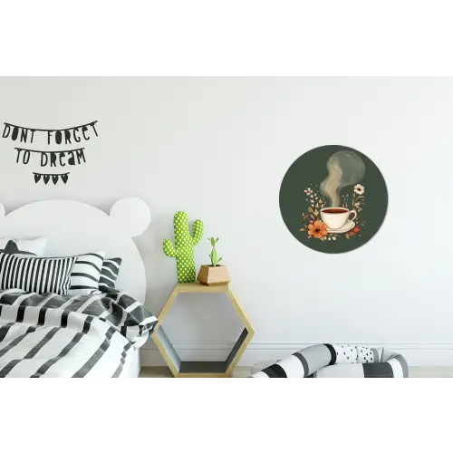 Kop - Bloemen - Groen - Koffie Wandcirkel aluminium klein -kinderkamer