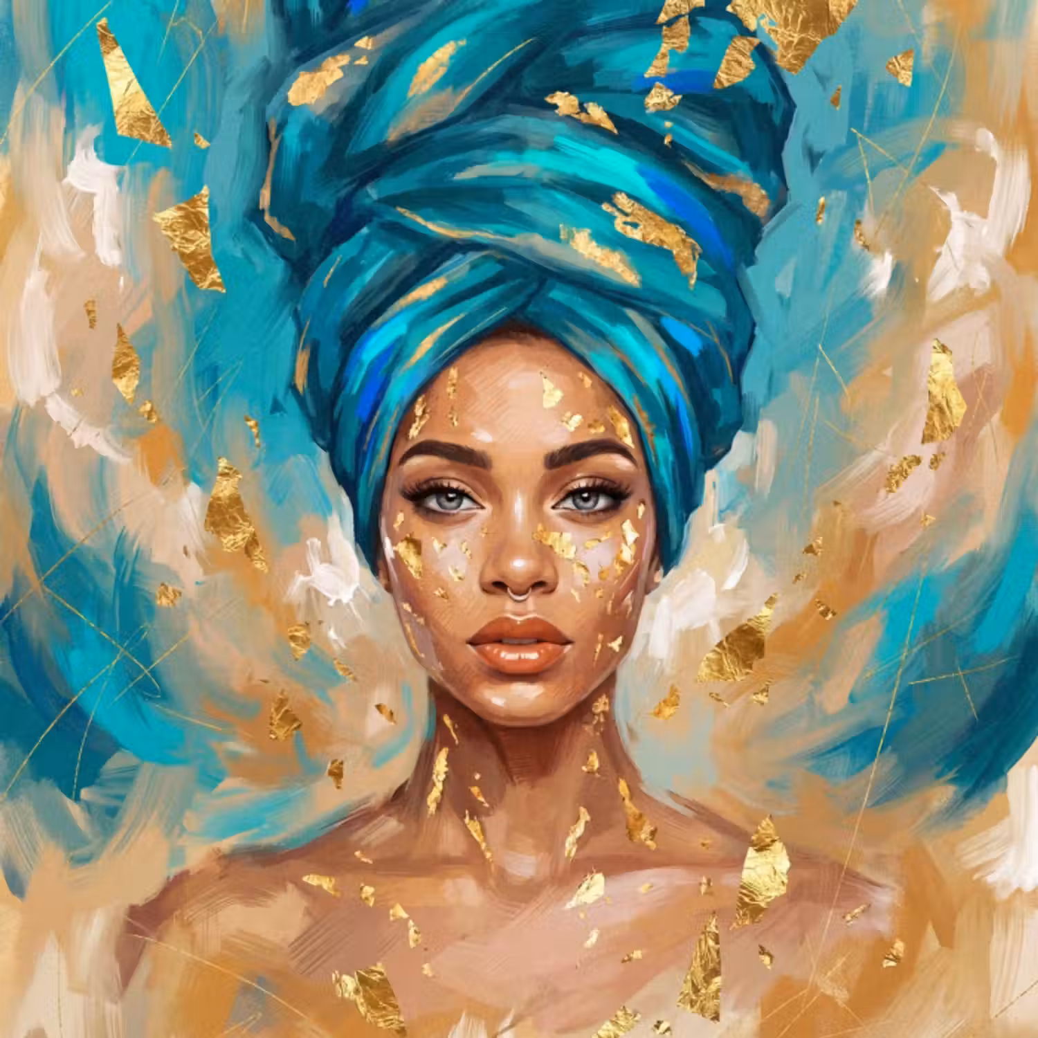 Behang - Portret - Vrouw - Schilderij - Blauw - Goud - Expressief