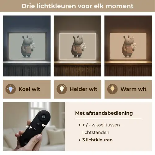 Neushoorn - Witte bloemen - Lief Light Box met batterij (Wandlamp kind) middel -USP_lichtkleurNL