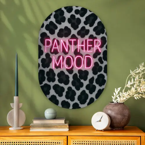 Panterprint - Zwart - Neonletters - Roze Wandcirkel Ovaal Glas middel -sfeer2