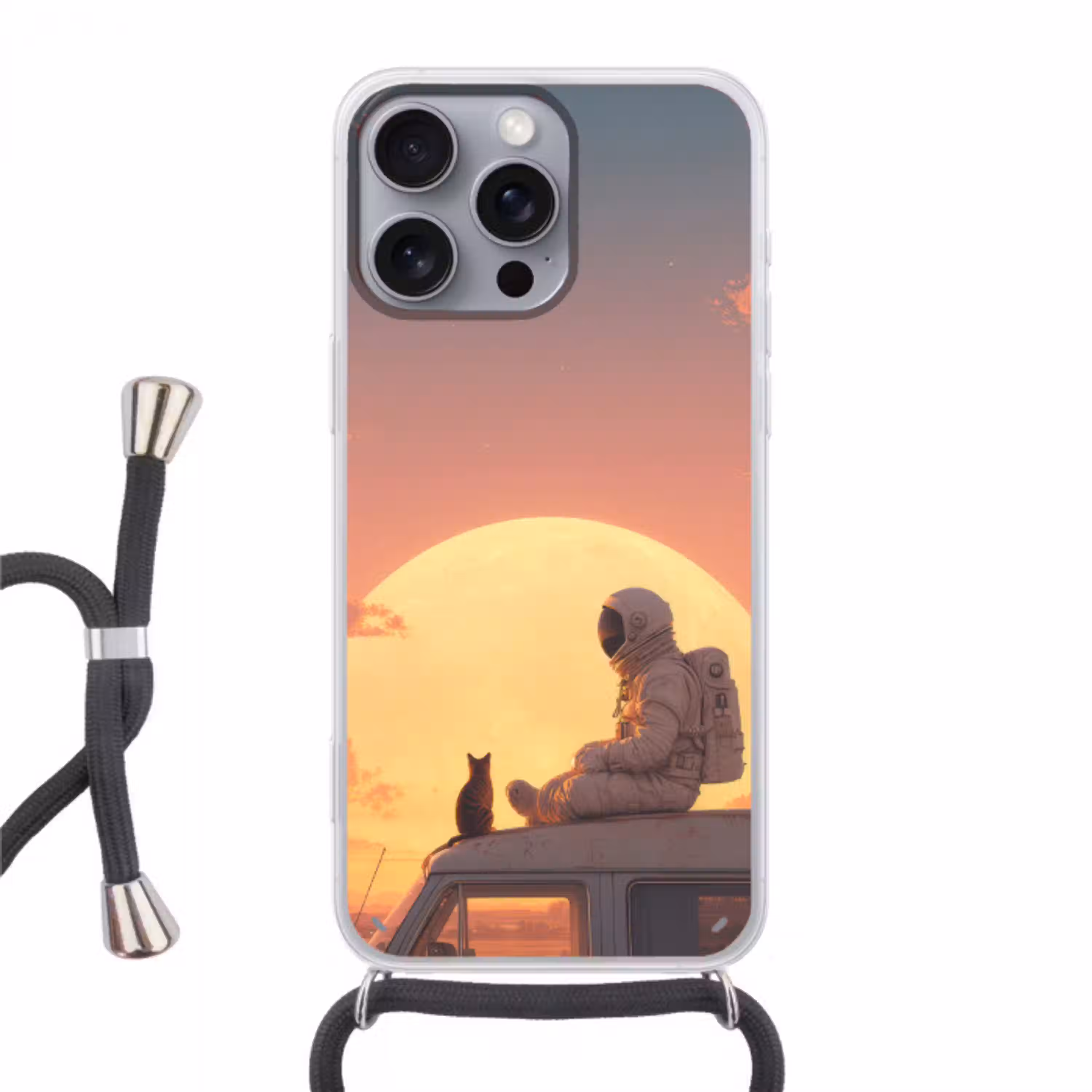 Busje - Kat - Zonsondergang - Oranje Hoesje iPhone 16 Pro Max met koord klein -3d