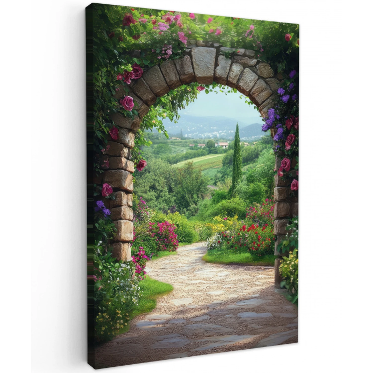 Doorkijk - Landschap - Bloemen - Pad - Uitzicht Tuinposter op houten frame 2 cm dik klein -3d