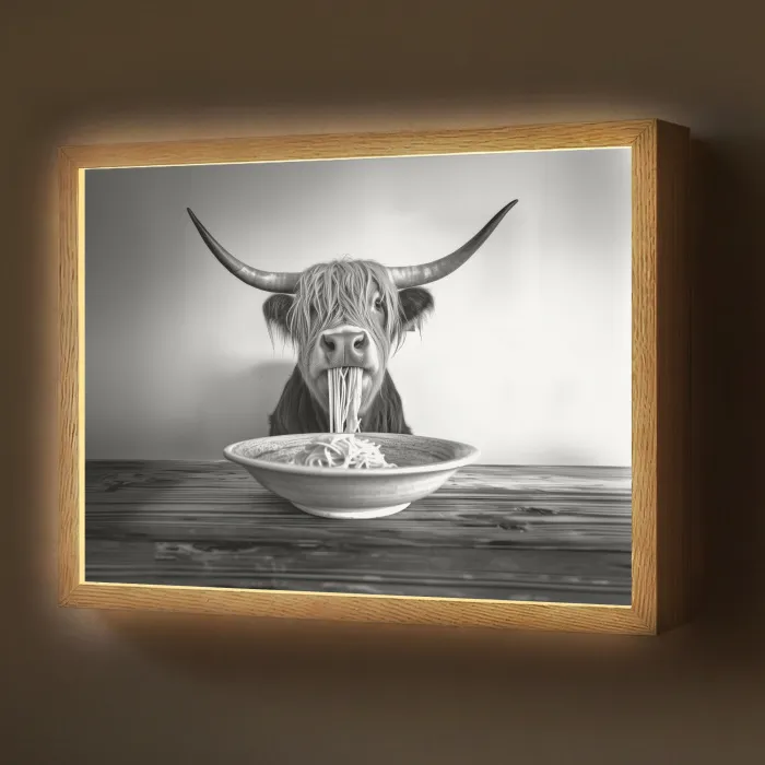 Schotse Hooglander - Spaghetti - Dieren - Zwart wit Light Box met batterij (Wandlamp) middel -z3d_website