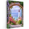 Doorkijk - Vuurtoren - Bloemen - Uitzicht Tuinposter op houten frame 2 cm dik klein -3d