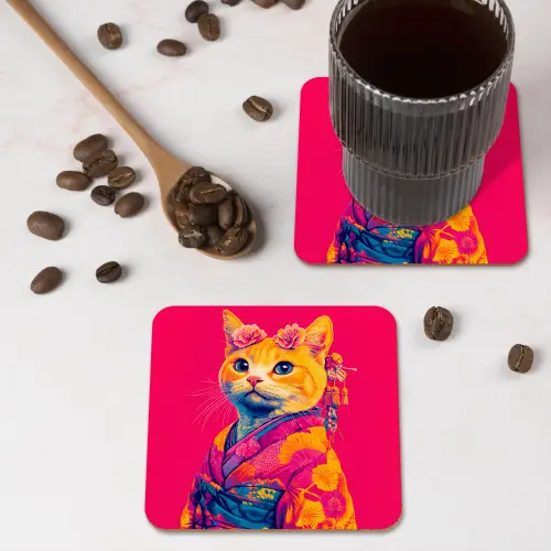 Kat - Kimono - Bloemen - Roze onderzetter kurk middel -sfeer2