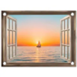 Doorkijk - Zee - Boot - Zonsondergang tuinposter los doek klein -3d