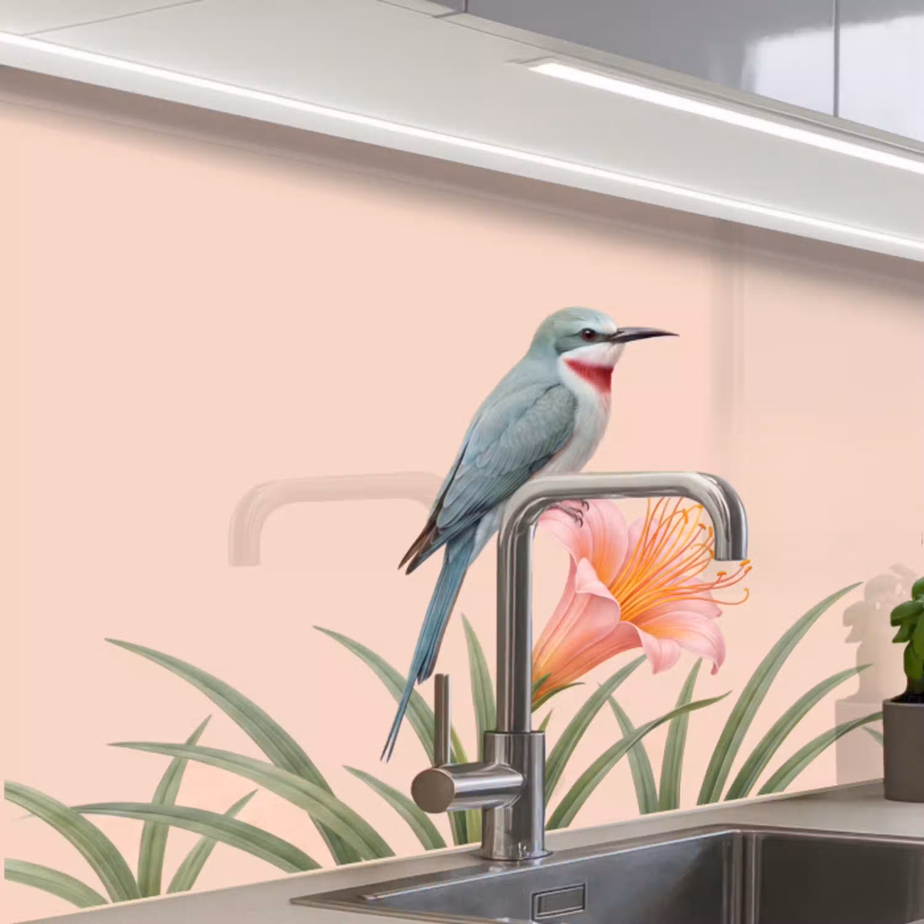 Vogel - Bloem - Natuur - Roze keuken achterwand 2 middel -zzzz3d_schuin