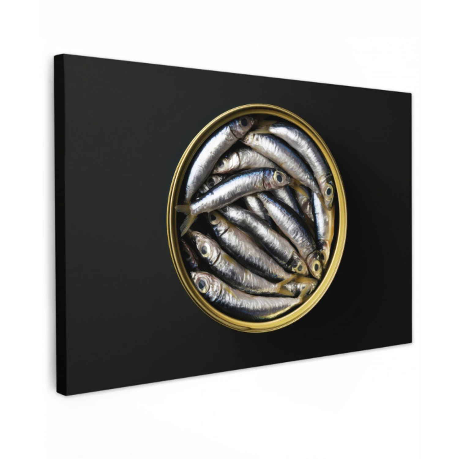 Sardines - Vissen - Rond - Zwart Tuinposter op houten frame 2 cm dik klein -3d