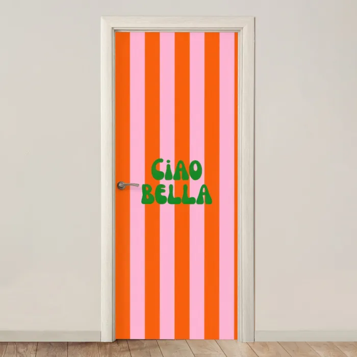 Strepen - Oranje - Verticaal - Ciao bella deurposter klein -3d_beige