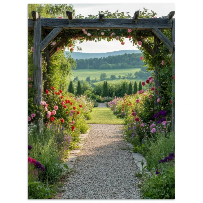 Doorkijk - Landschap - Natuur - Tuinboog - Bloemen poster papier klein -3d