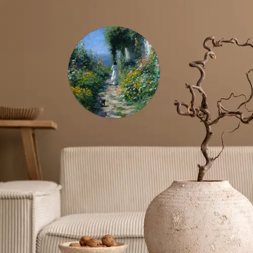 Kat - Vrouw - Bloemen - Huis Wandcirkel behangsticker klein -sfeer1