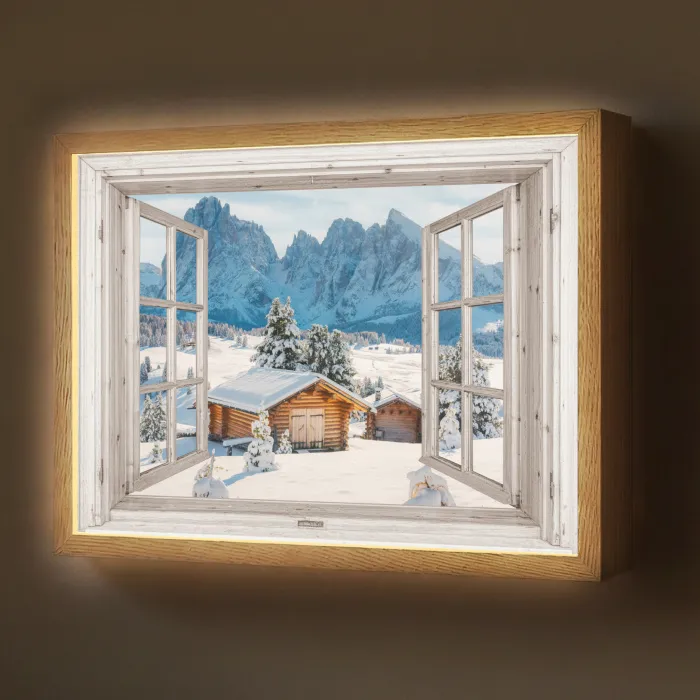 Winterlandschap - Huisje - Bergen - Uitzicht - Doorkijk - Natuur Light Box met batterij (Wandlamp) middel -z3d_website