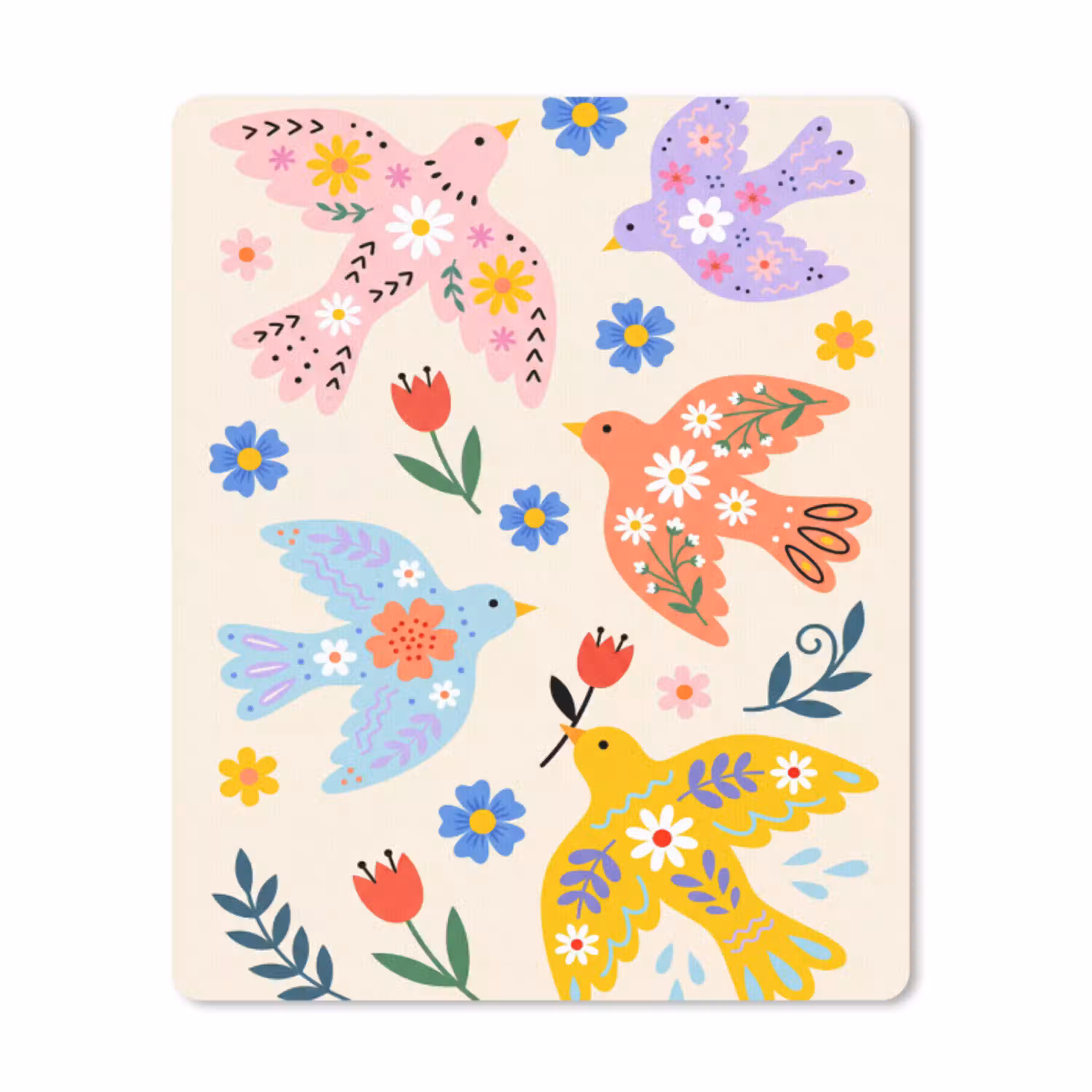 Vogel - Bloemen - Folk - Kleurrijk - Dieren muismat rubber klein -3d
